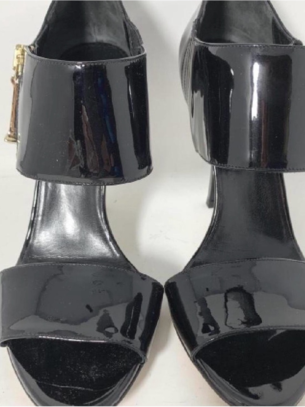 Gucci Black Patent Leather High Heel Sandals with Gold Zipper
